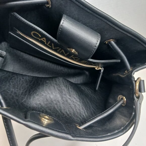 Calvin Klein Bucket Bag Black Initial Canvas Gabrianna Cross Body Faux Leather - Picture 7 of 12